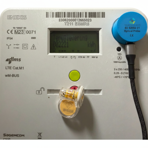 IEC 62056‑21 USB‑C optical infrared probe attached to smart meter for bidirectional data communication